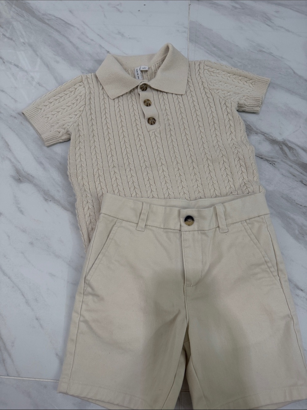 Janie and Jack Cream Cable-Knit Polo and Shorts Set